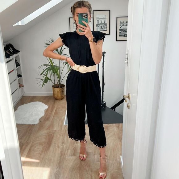 Zara Woman Jumpsuit Small Black Straight Jumpsuit Romper Cropped Pom Pom Trim - Picture 9 of 9